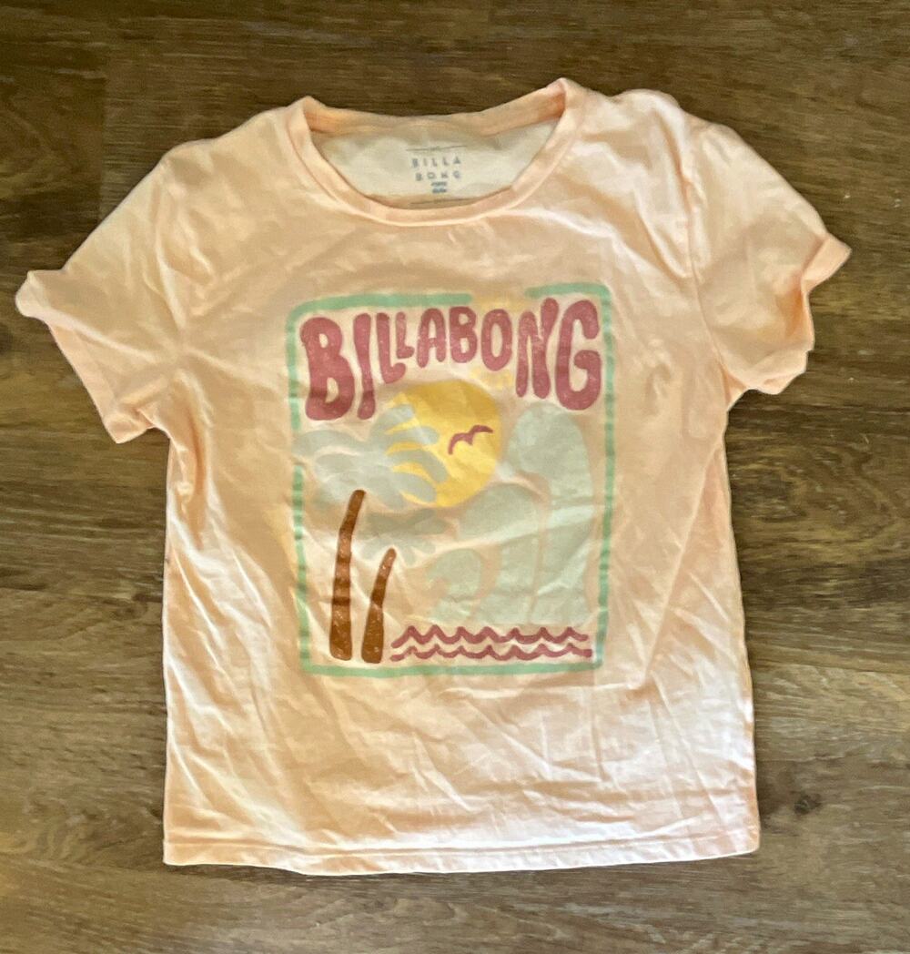 Billabong girls Medium Pink Cotton Jersey Crew Neck Graphic Logo Beach Tee